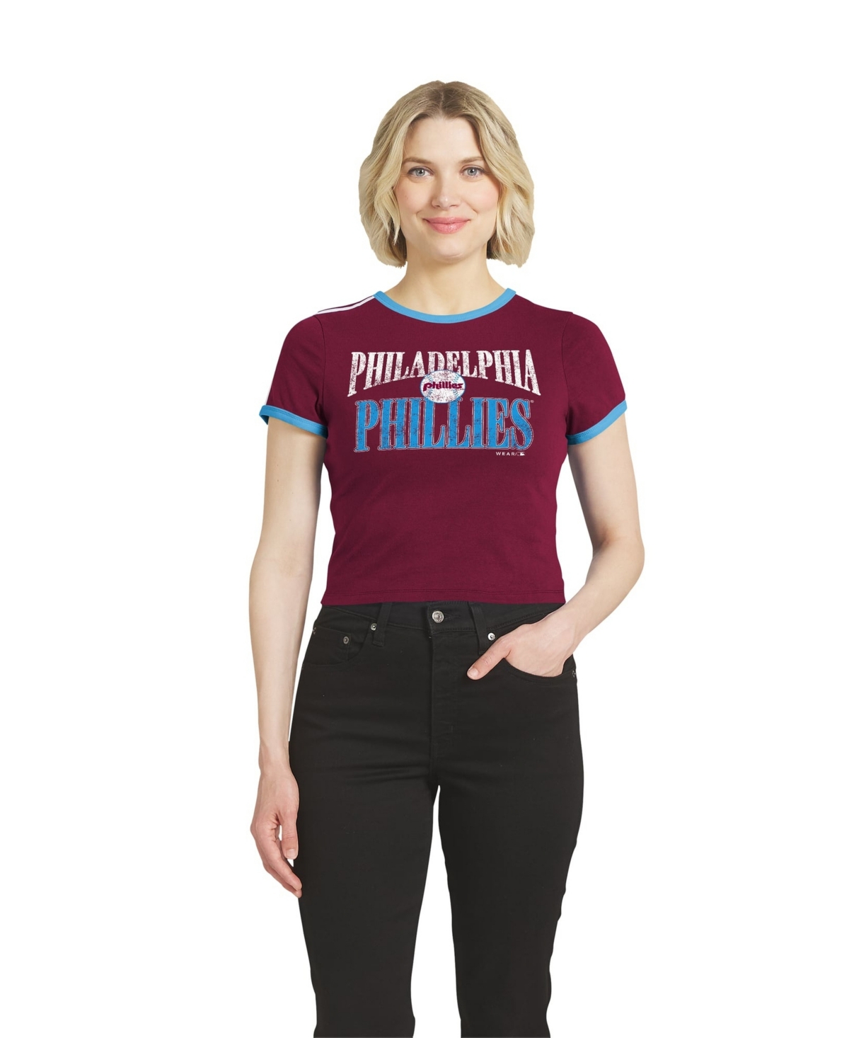 Wear by Erin Andrews Women's Maroon Philadelphia Phillies Cropped Throwback Ringer Baby T-Shirt