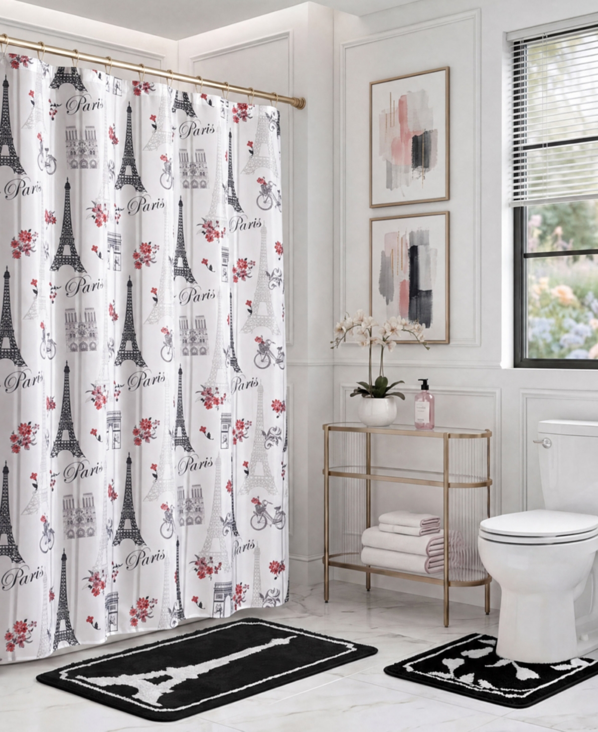 Creative Home Ideas 15-Piece Shower Curtain Set - Paris Love Black, Red