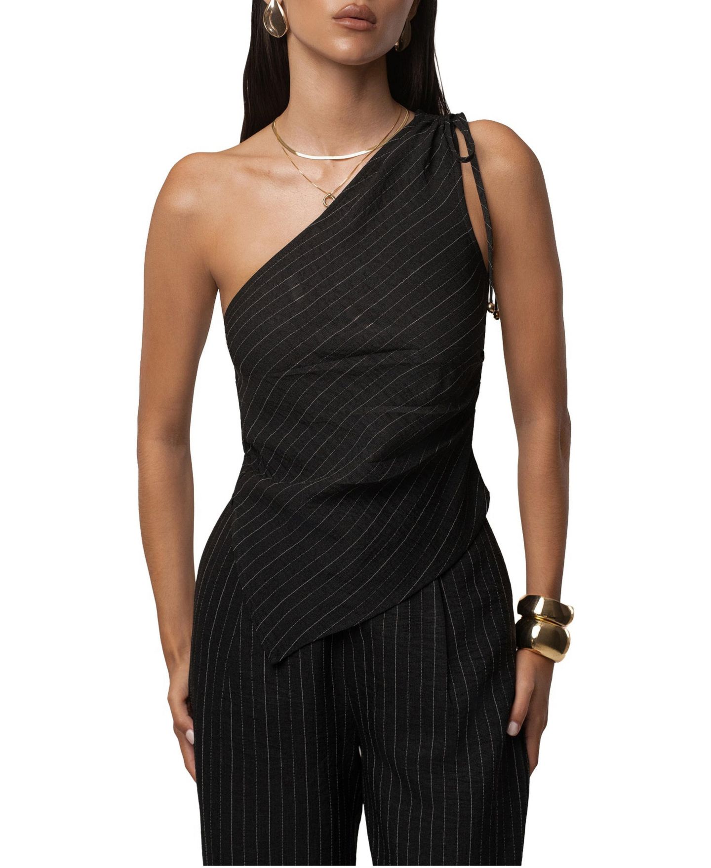 Женский топ JLUXLABEL Ocean Line Pinstripe Asymmetric-Hem One-Shoulder, цвет: Чёрный — фото 1
