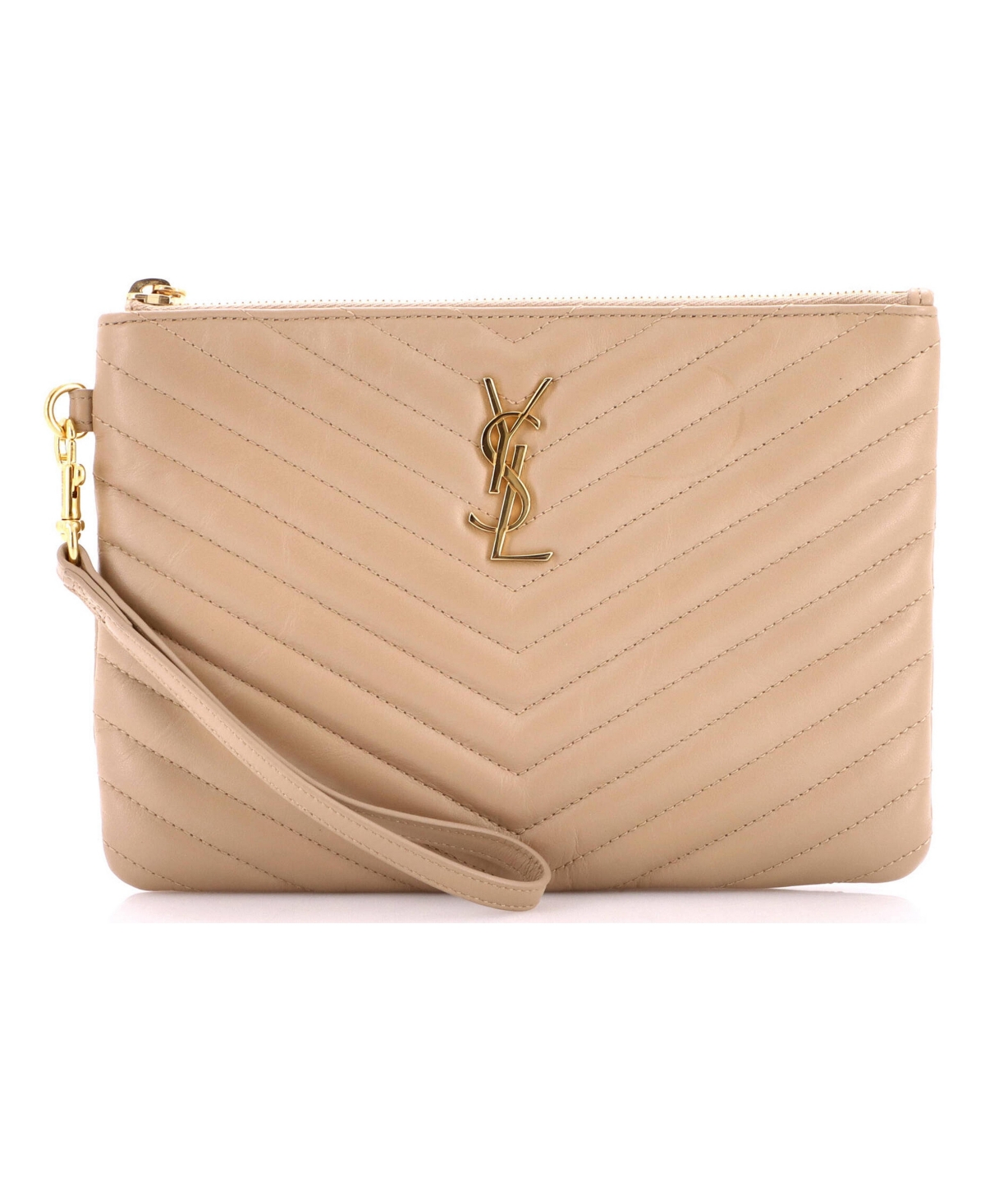 Pre-Owned Saint Laurent Small Classic Monogram Wristlet Pouch Matelasse Chevron Leather - Natural