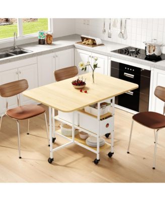 Folding Drop Leaf Dining Table with Storage Drawers, Rolling Mobile Kitchen Table Metal Wood Frame for Small Spaces