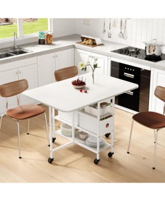 Folding Drop Leaf Dining Table with Storage Drawers, Rolling Mobile Kitchen Table Metal Wood Frame for Small Spaces