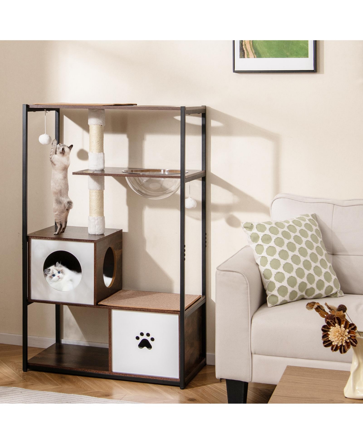 Zeny 52 Inch Wooden Cat Tree Metal Frame with 2 Condos and Cushions
