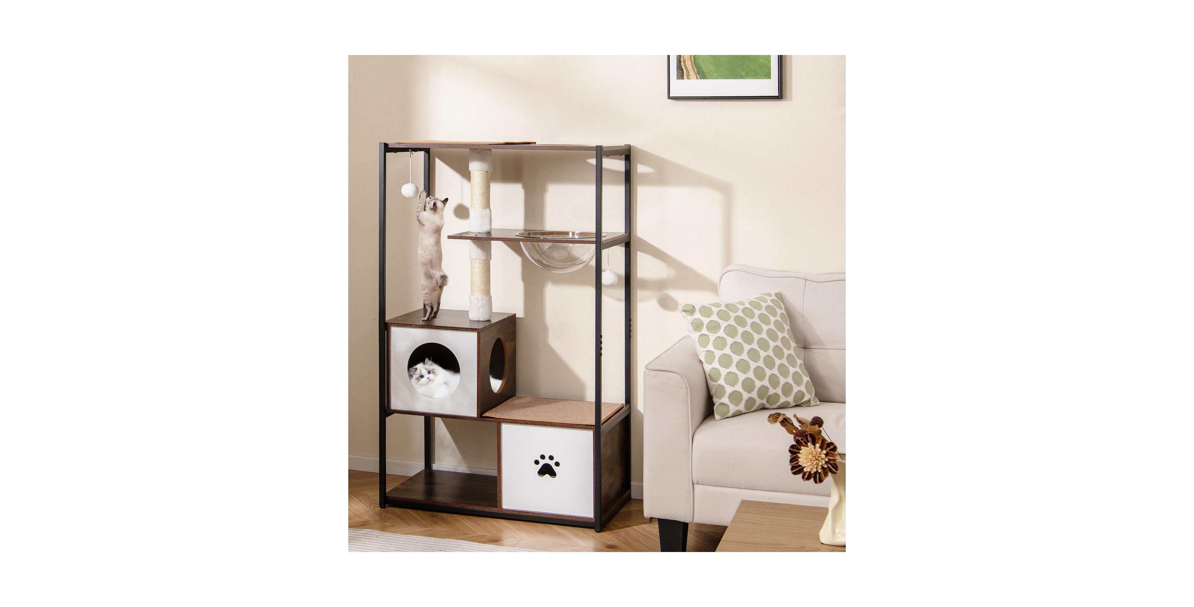 Zeny 52 Inch Wooden Cat Tree Metal Frame with 2 Condos and Cushions