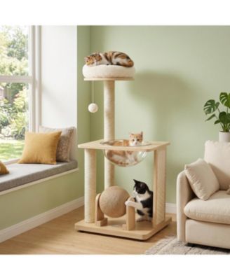 40in Solid Wood Cat Tree with Space Capsule and Sisal Posts
