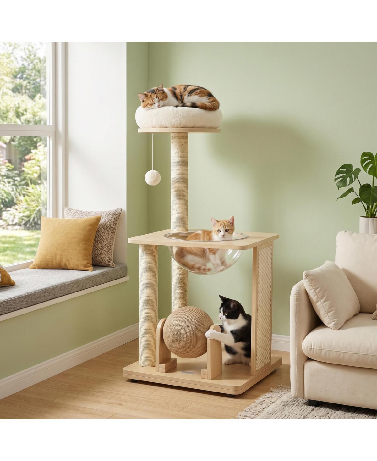 Zeny 40in Solid Wood Cat Tree with Space Capsule and Sisal Posts