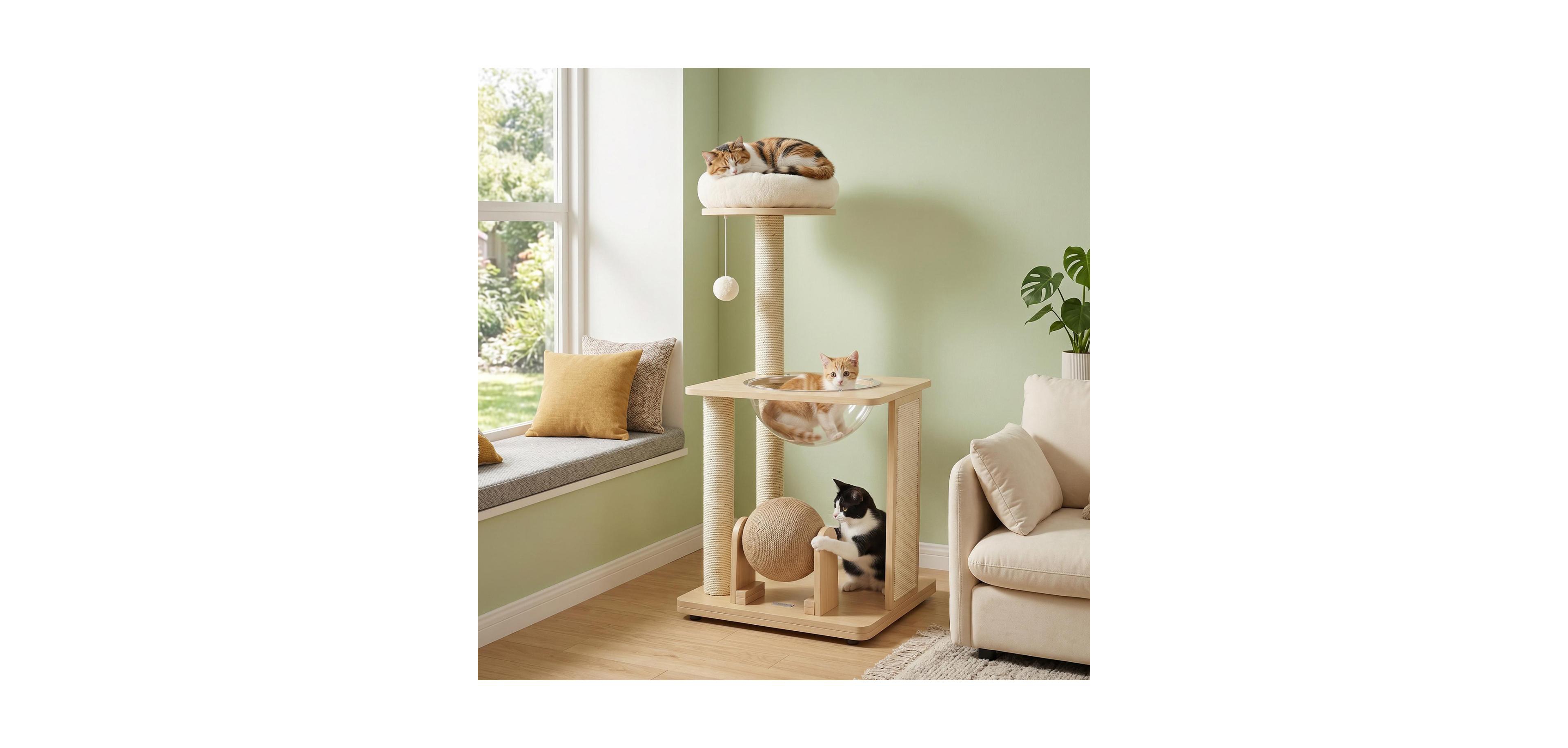 Zeny 40in Solid Wood Cat Tree with Space Capsule and Sisal Posts
