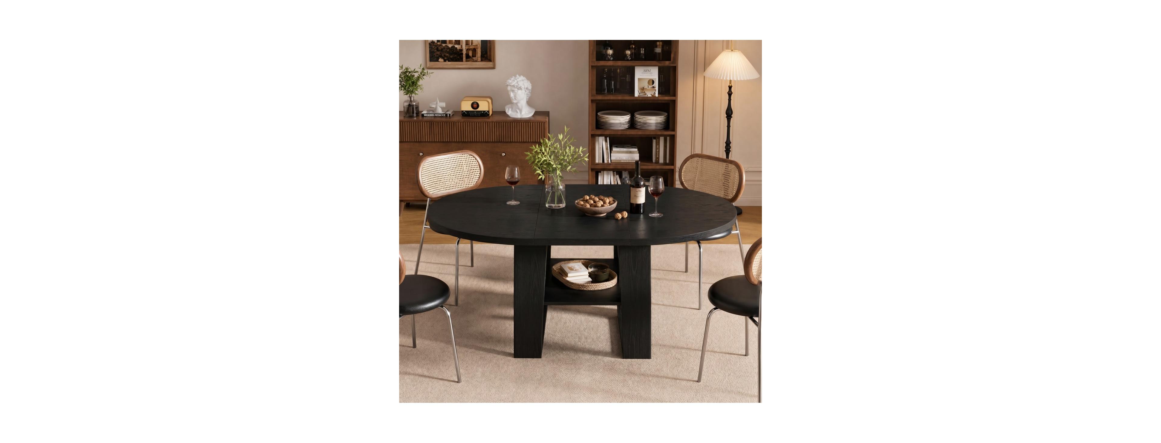 Maison Boucle Extendable Round Dining Table 43.3"-59", Butterfly Leaf, Seats 4-6