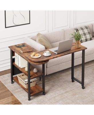 360-Degree Rotating End Table with Charging Station, Swivel Sofa Side Table, Lockable Wheels and Storage Bag