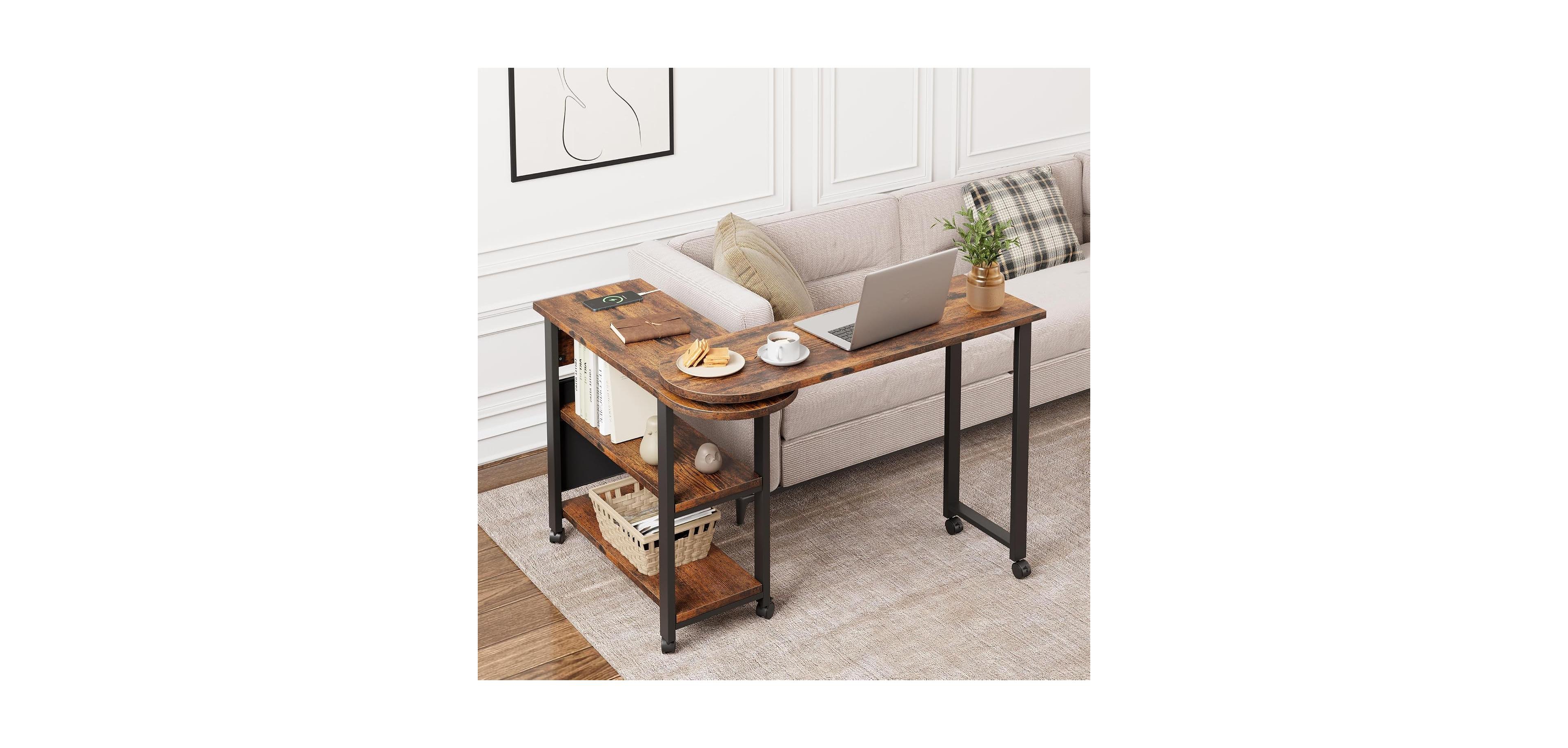 gaomon 360-Degree Rotating End Table with Charging Station, Swivel Sofa Side Table, Lockable Wheels and Storage Bag