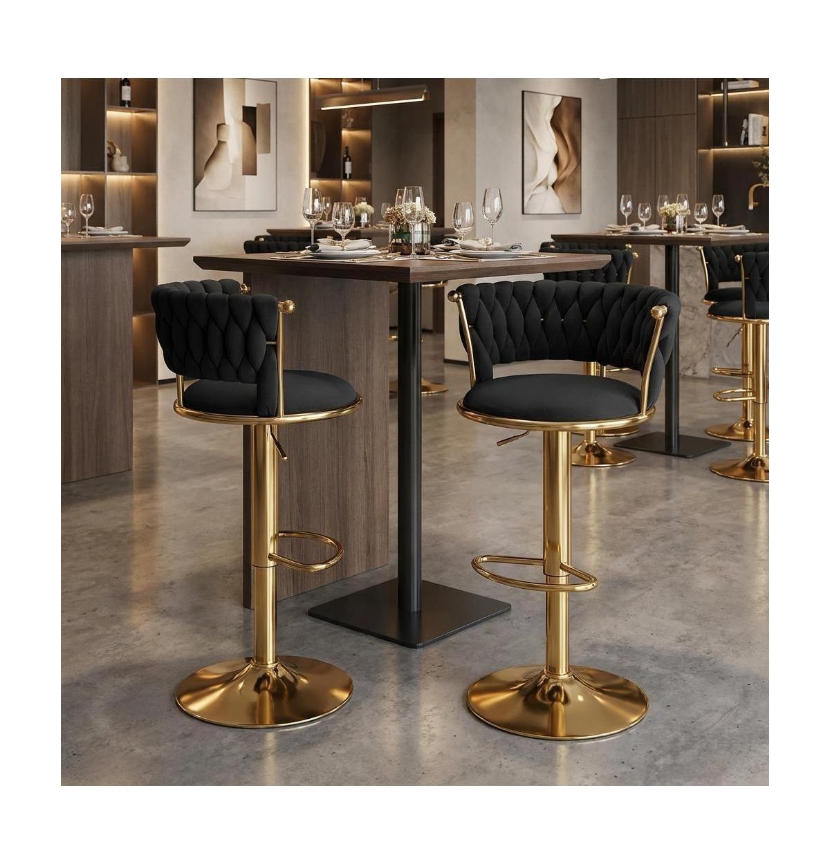 HomeRoots Whisper Seat Set of Two Velvet And Steel Low Back Adjustable Height Swivel Bar Chairs - Black