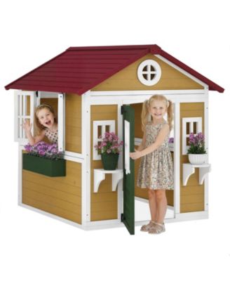 Wooden Playhouse with Openable Windows and Planter Boxes, Ages 3-8