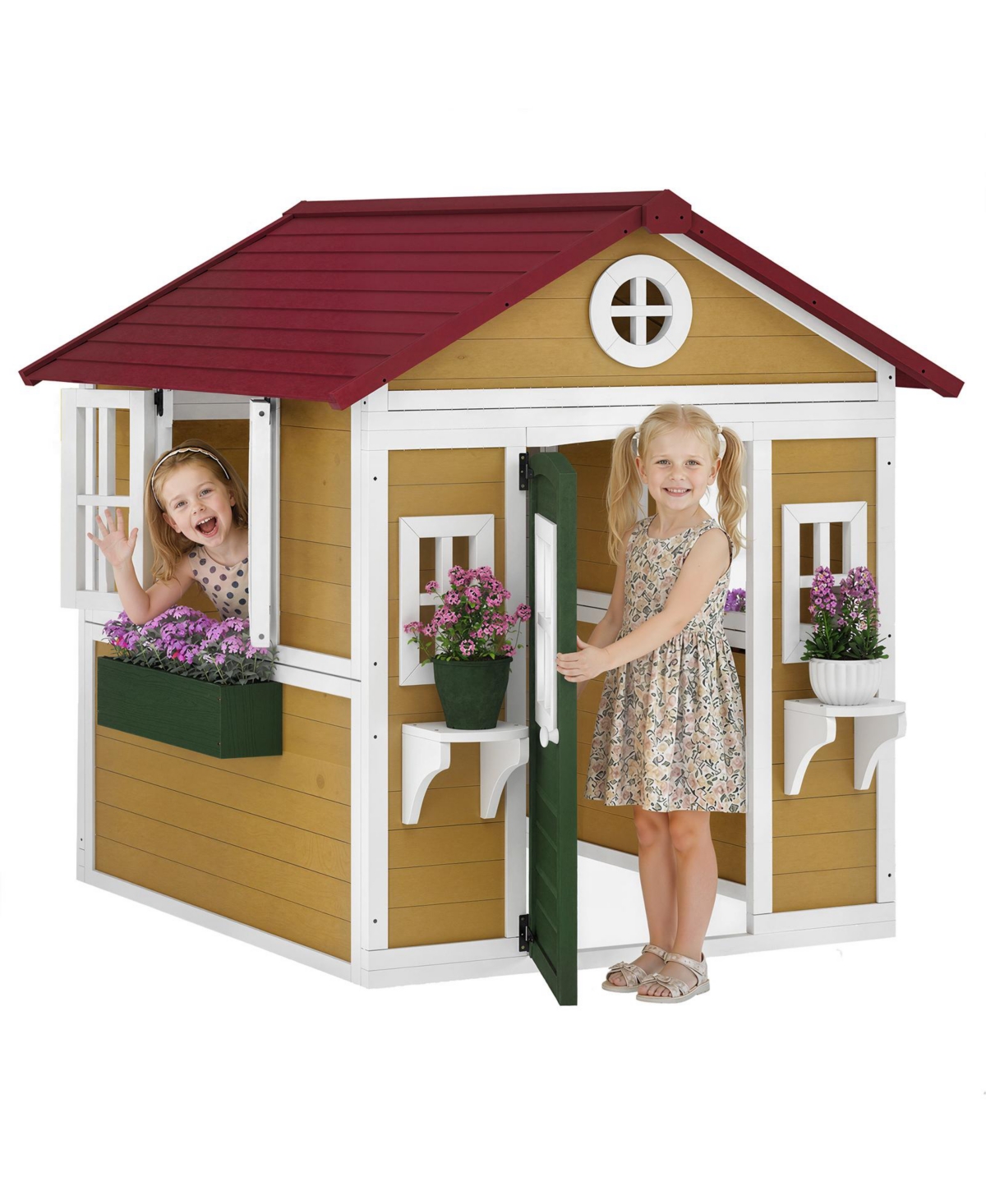 Glintex Wooden Playhouse with Openable Windows and Planter Boxes, Ages 3-8