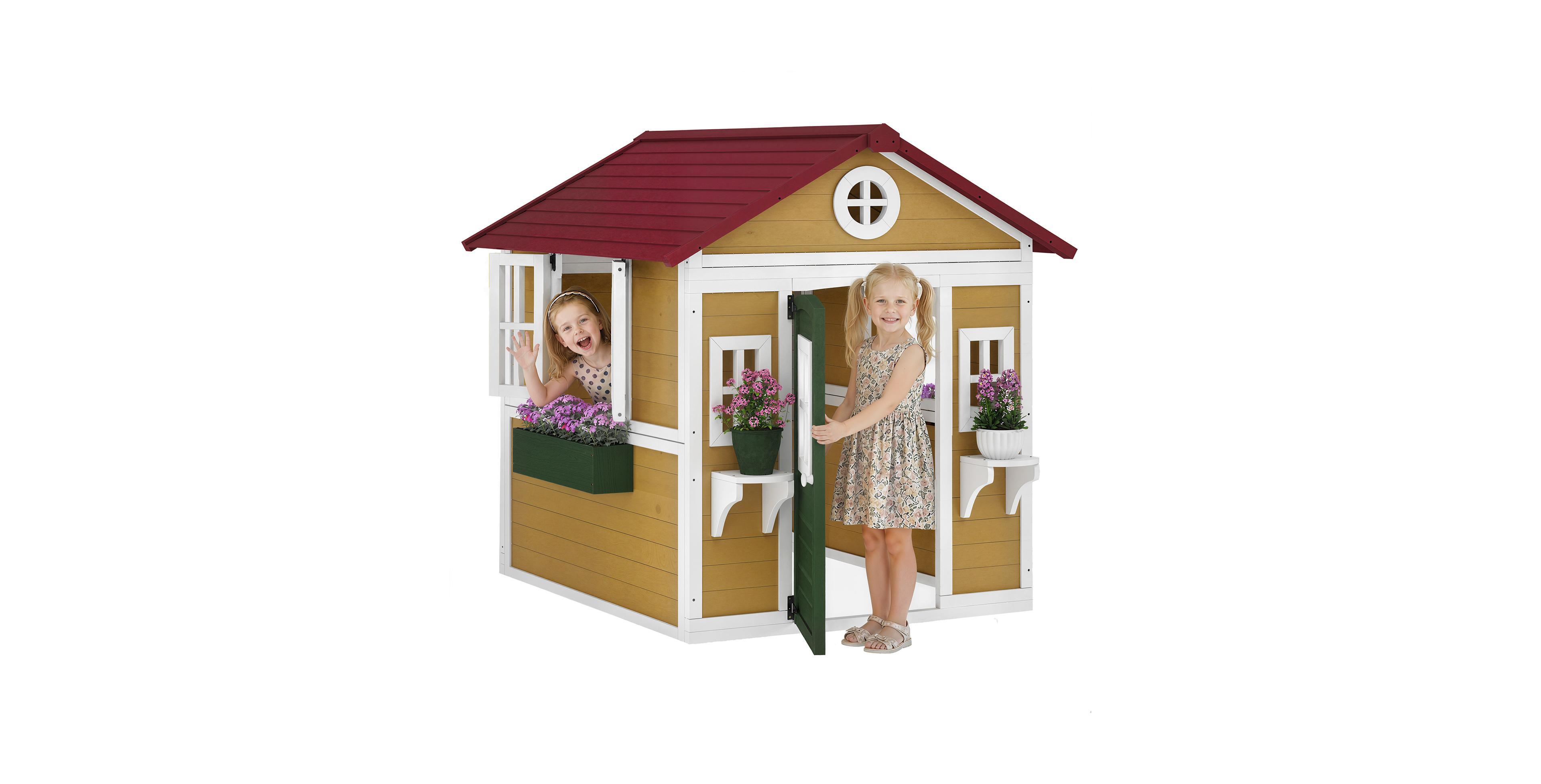 Glintex Wooden Playhouse with Openable Windows and Planter Boxes, Ages 3-8