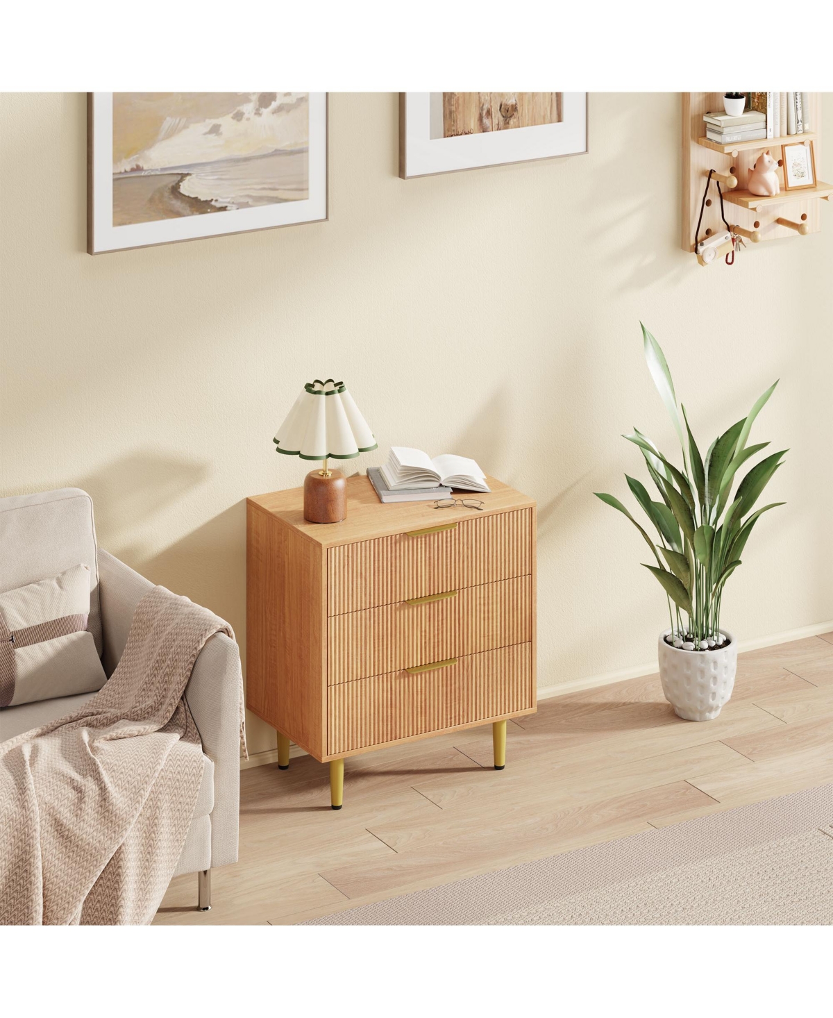 homfan 3 Drawer Dresser 28 Inch Wide Fluted Wood Chest with Metal Handles Legs for Bedroom Living Room Entryway