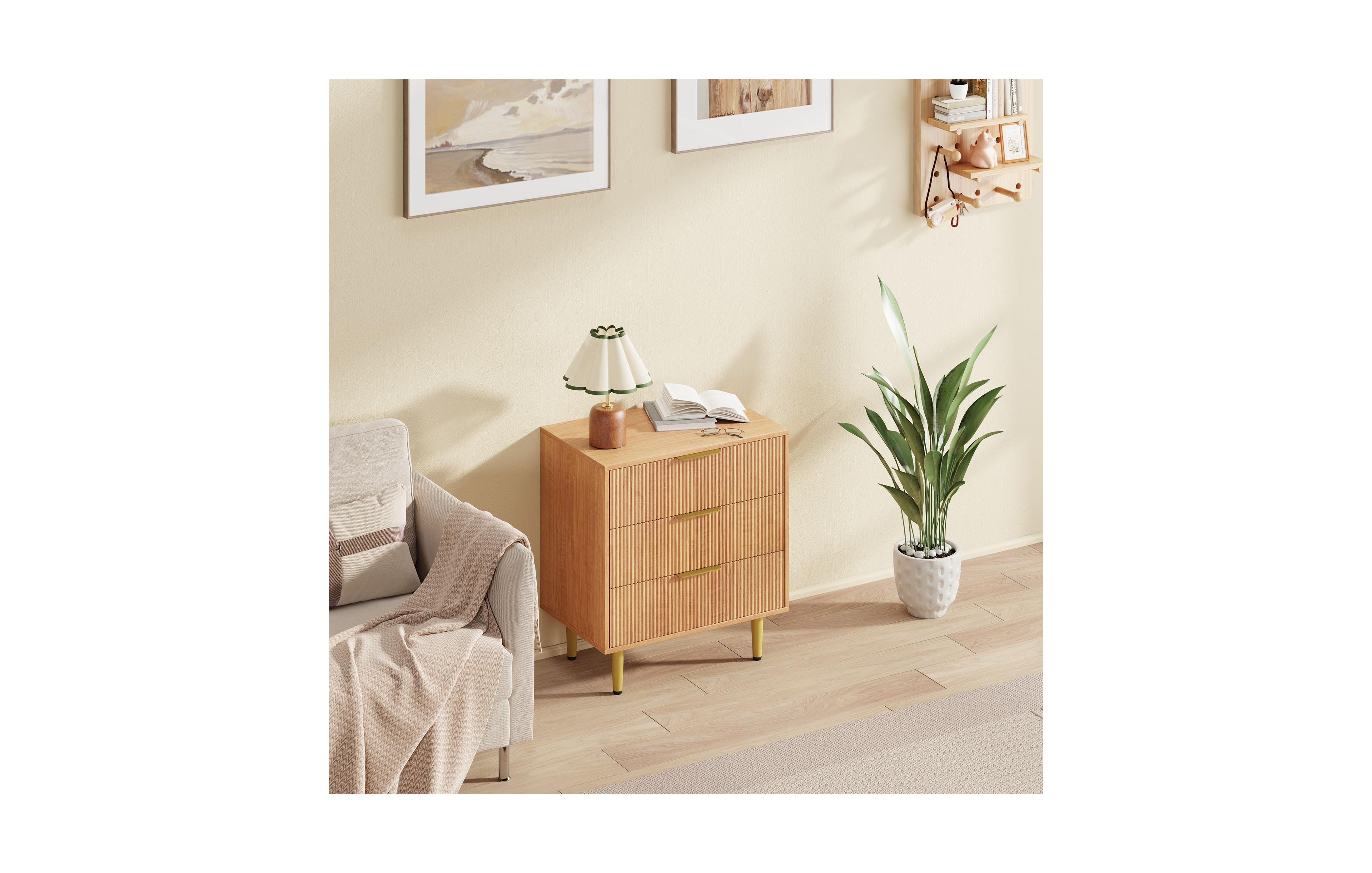 homfan 3 Drawer Dresser 28 Inch Wide Fluted Wood Chest with Metal Handles Legs for Bedroom Living Room Entryway