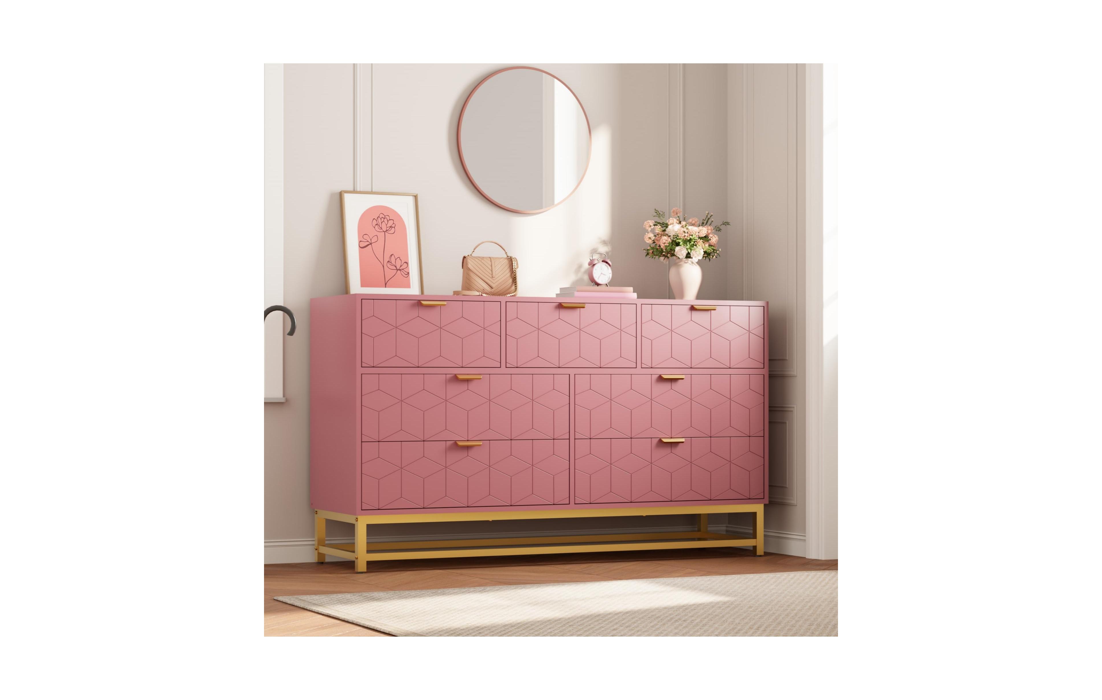 homfan 7 Drawer Dresser Extra Wide Chest Metal Handles Wood Storage for Bedroom Living Room Entryway Hallway