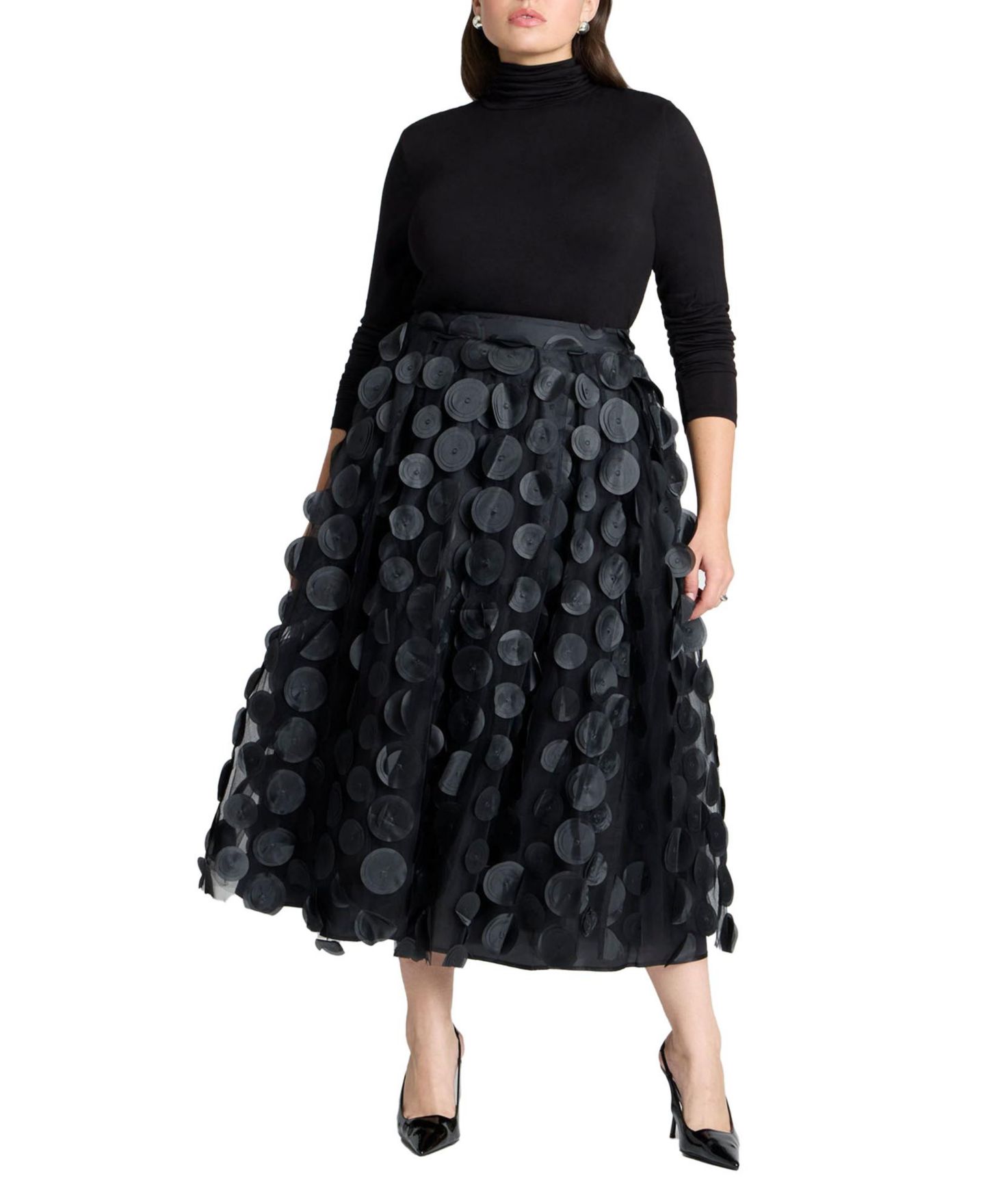 Женская юбка ELOQUII Plus Size Dimensional Dot Full, цвет: Чёрный оникс — фото 3