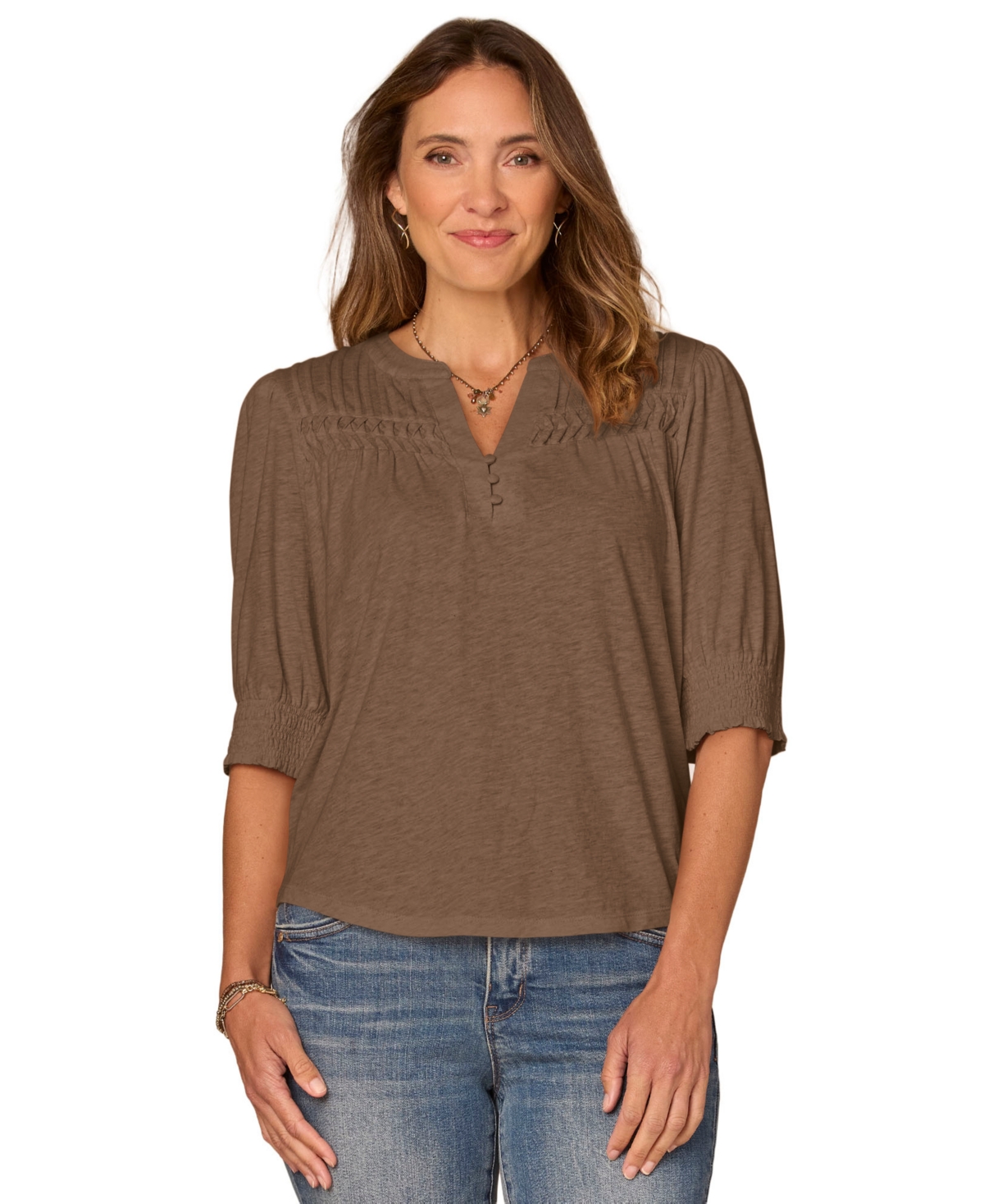 Democracy Petite Blouson-Sleeve Mandarin Collar Knit Top - Heather Brown