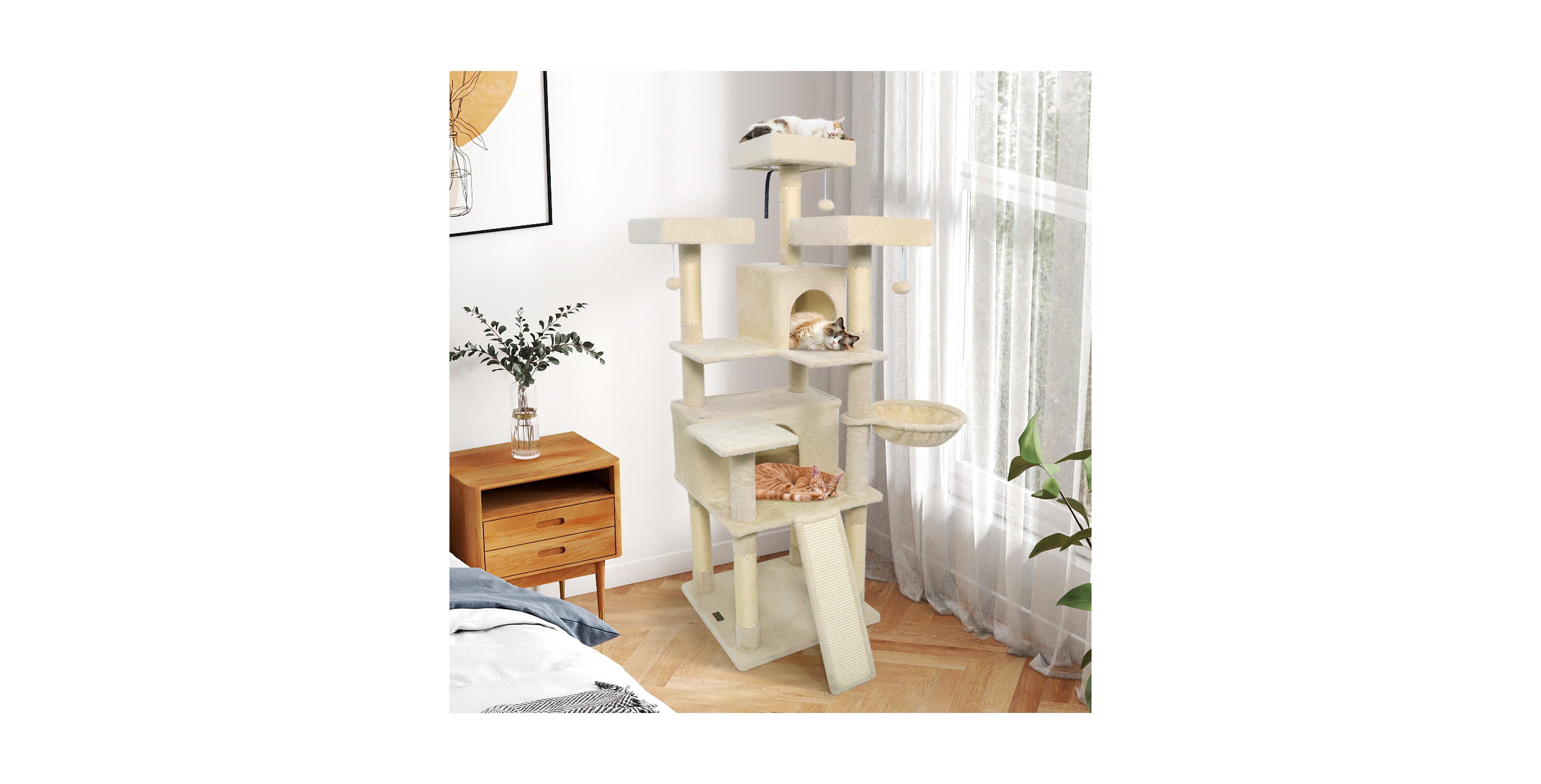 Zeny 65in Cat Tree with 3 Upholstered Perches and 2 Condos