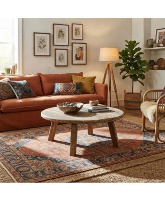 Solid Wood Round Rustic Farmhouse Coffee Table, Distressed Finish