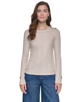 Women's Crewneck Long-Sleeve Button Detail Pullover Sweater