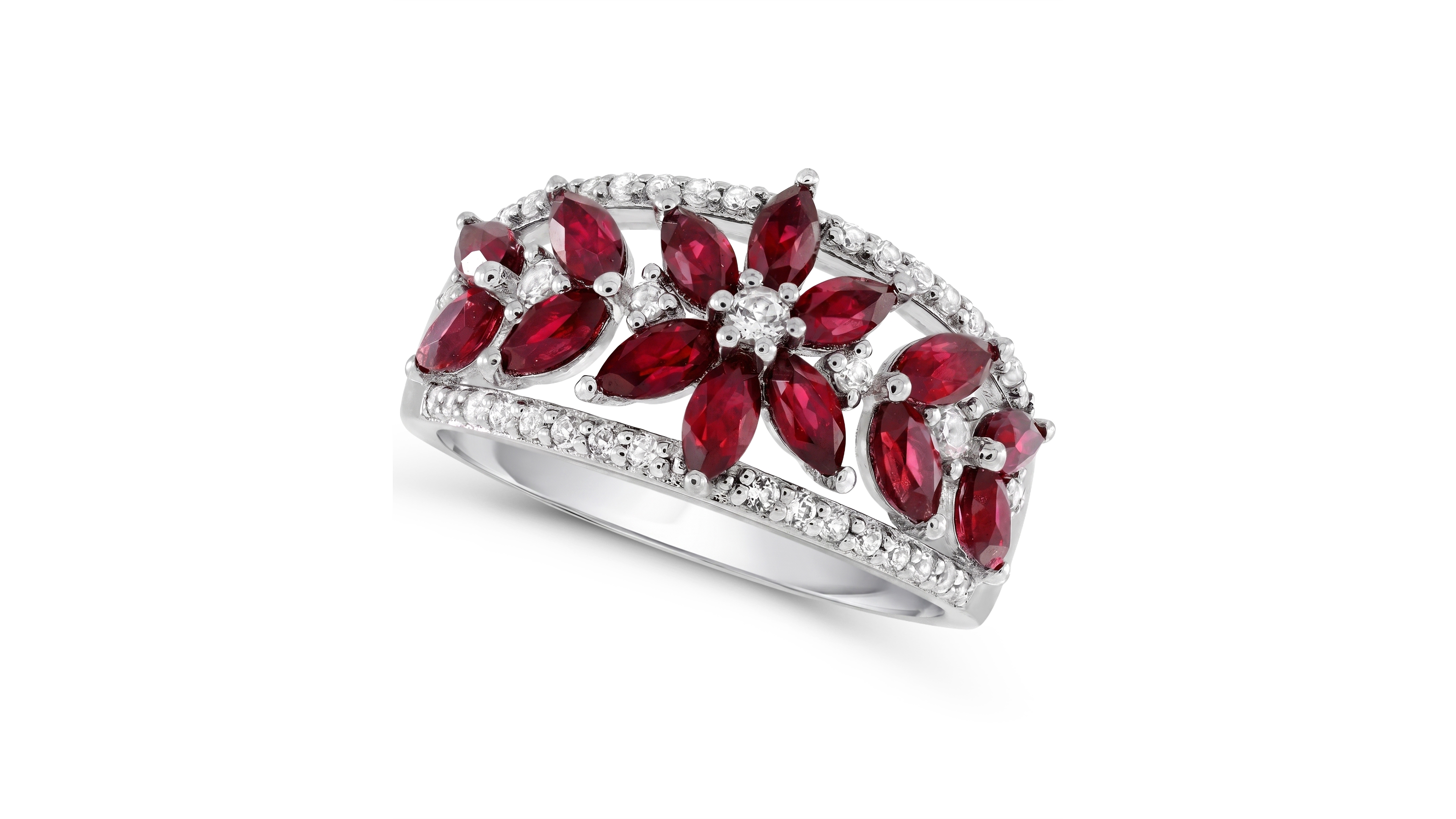 Macy's Lab-Grown Ruby and Lab-Grown White Sapphire Floral Ring (1-1/3 ct. t.w. Ruby, 3/8 ct. t.w. Sapphire) in Sterling Silver