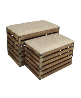 Set of Two Wood Slat and Upholstery Storage Benches With Flip Top