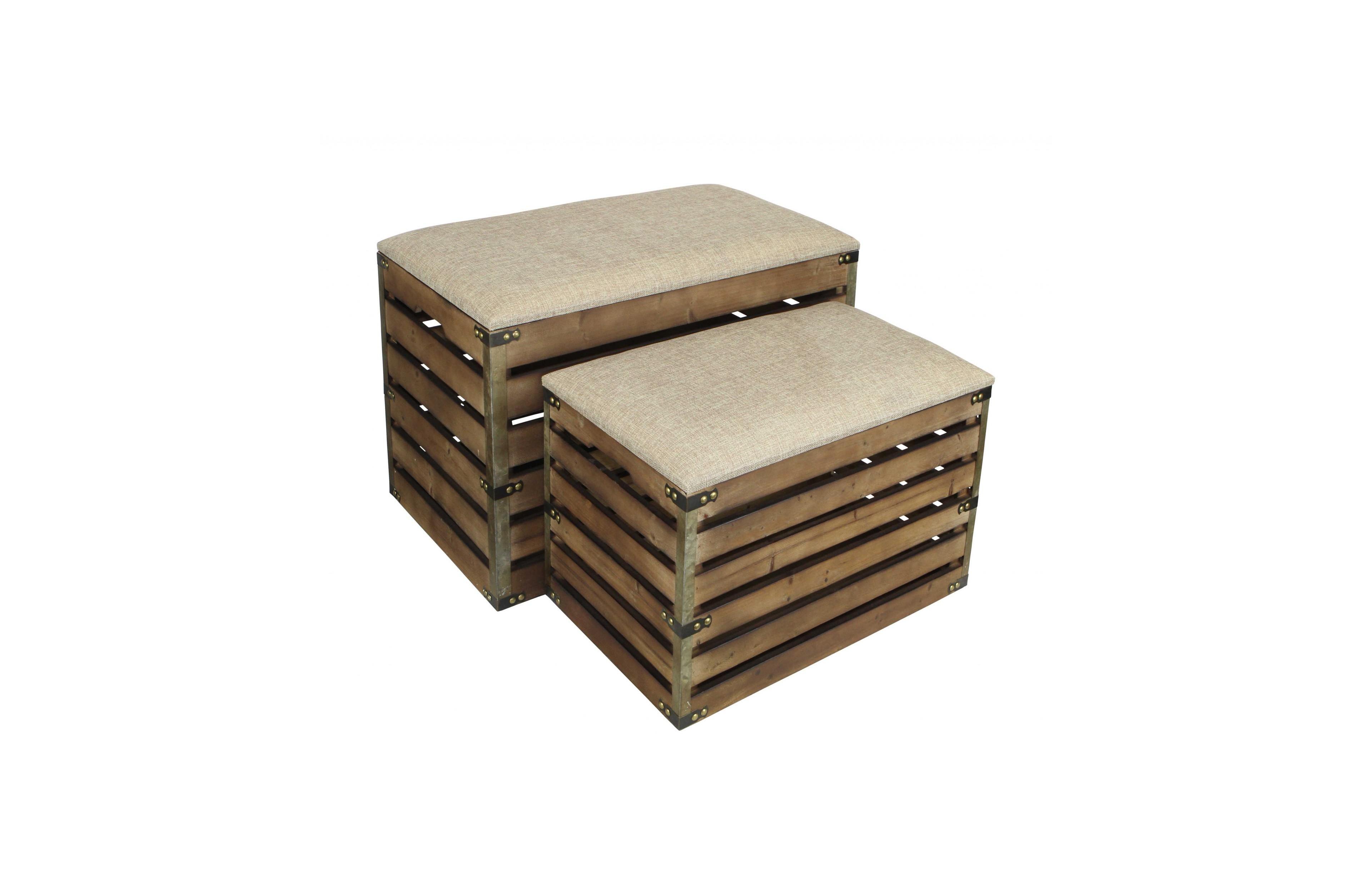 HomeRoots Set of Two Wood Slat and Upholstery Storage Benches With Flip Top