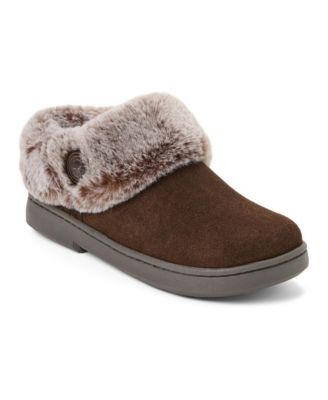 Women's Suede Clog With Tipped Faux Fur Cuff and Button Detail Slippers
