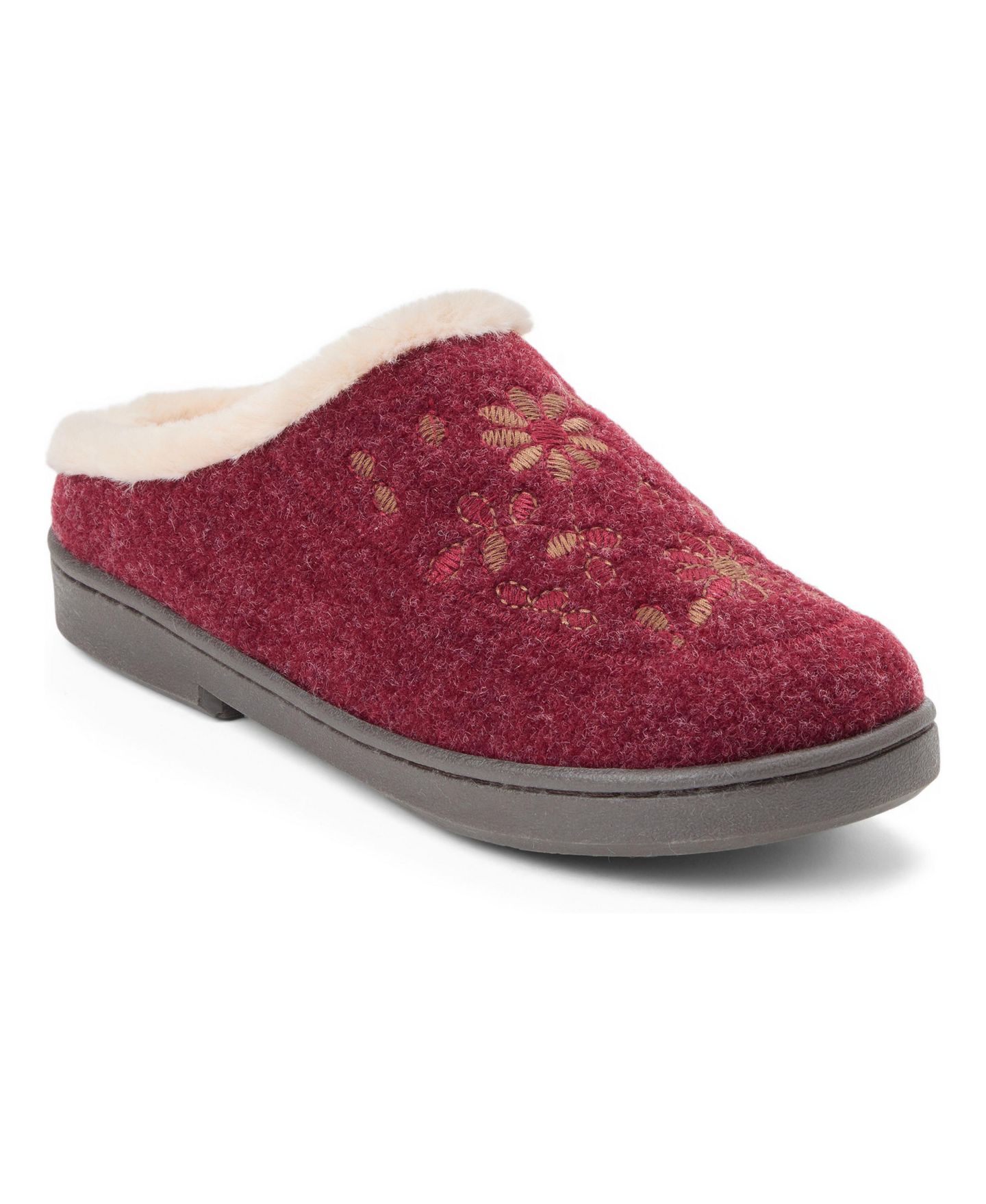 Женские сабо Clarks Felted Clog With Faux Fur Cuff and Embroidery Detail Slippers, цвет: Бордовый — фото 1