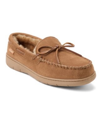 Men's Genuine Cow Suede Moccasin With Leather Lacing And Tipped Faux Fur Slippers