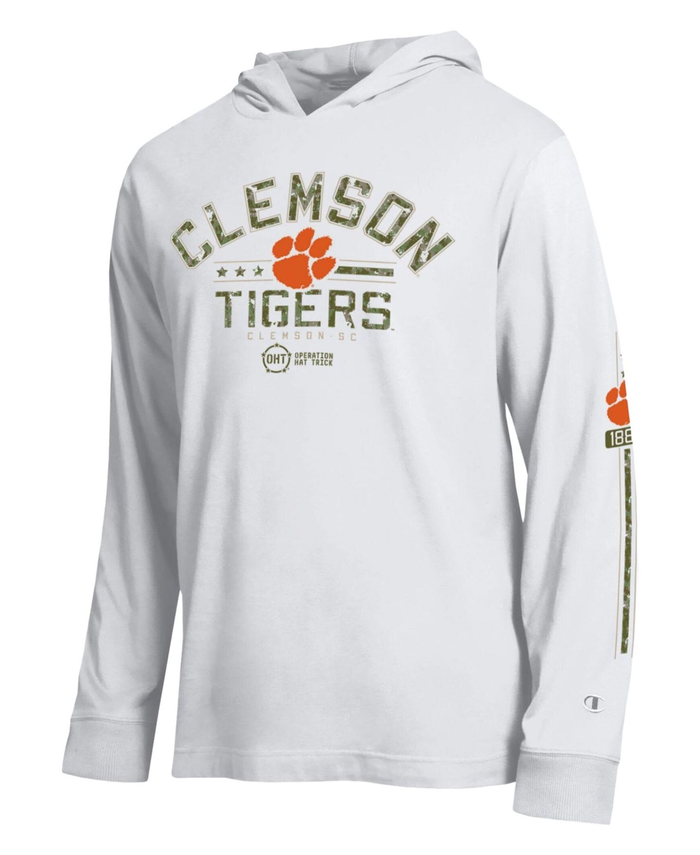 Мужская футболка Champion White Clemson Tigers Operation Hat Trick Sleeve Line Hooded Long-Sleeves — фото 3