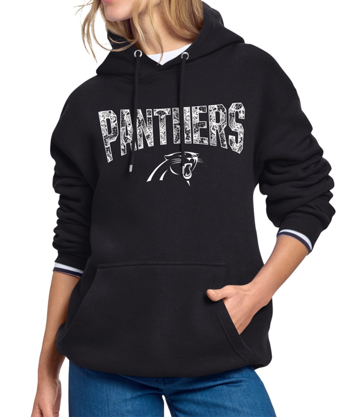 Starter Women's Black Carolina Panthers Lace Team Lockup Fleece Hoodie - Black