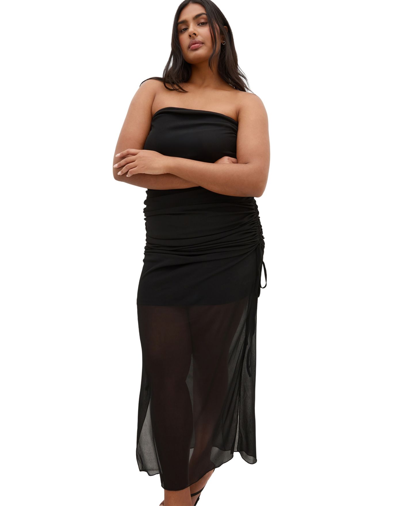 Женское платье CITY CHIC Plus Size Shelly Strapless Mesh Maxi, цвет: Чёрный — фото 3