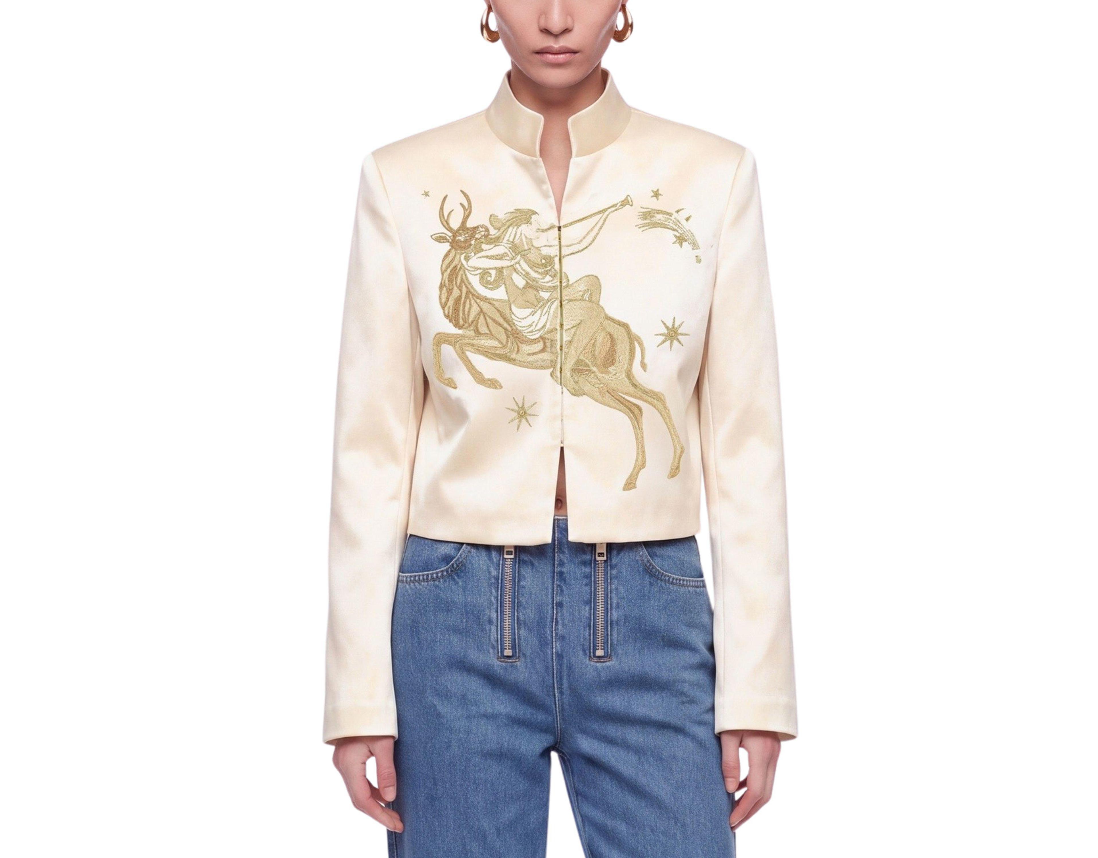 Nocturne Women's Gold-Thread Embroidered Cropped Satin Jacket