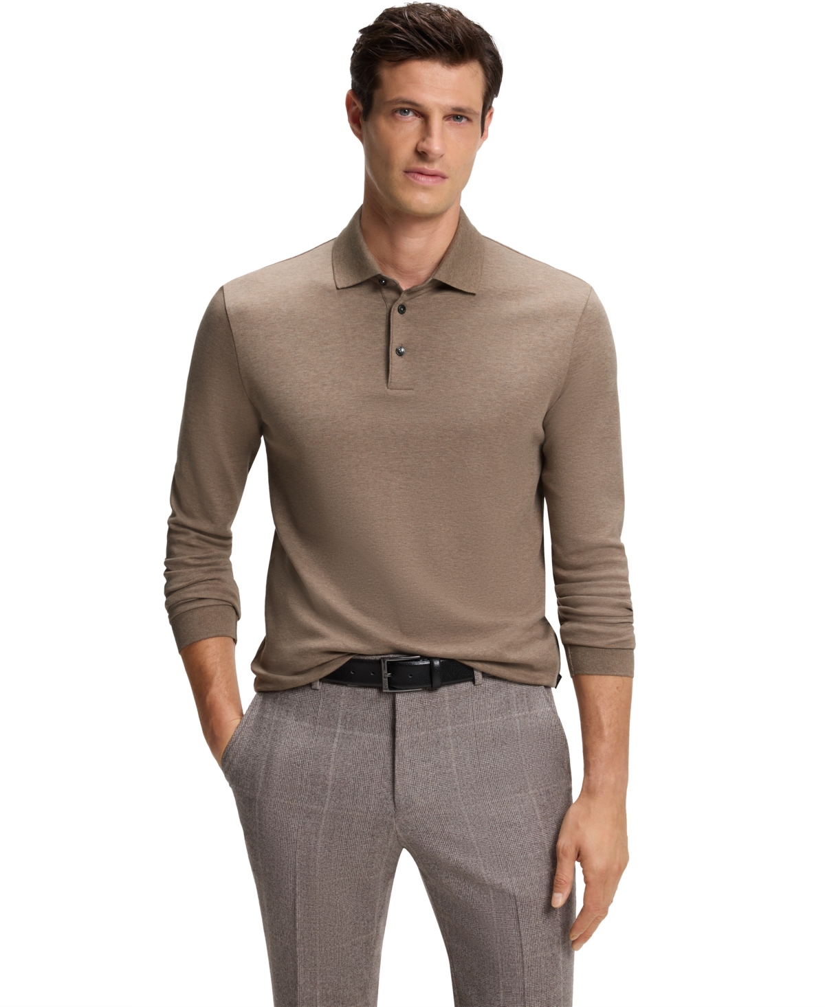 Boss by Hugo Boss Men's Long-Sleeve Interlock Cotton Polo Shirt - Open Brown