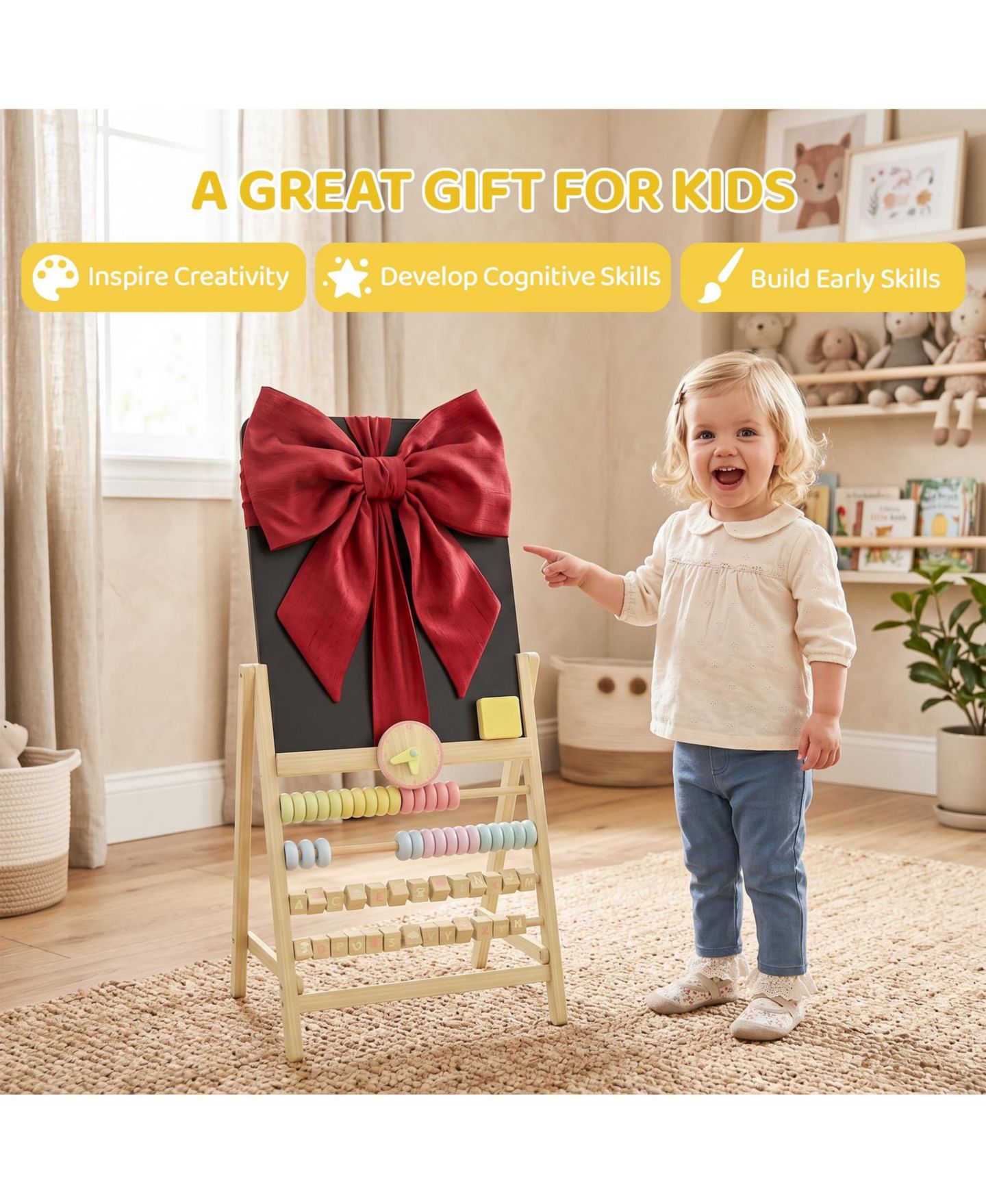 Детская игрушка Glintex Art Easel with Double-Sided Chalkboard, Clock and Abacus, Ages 2+, цвет: Натуральный — фото 8