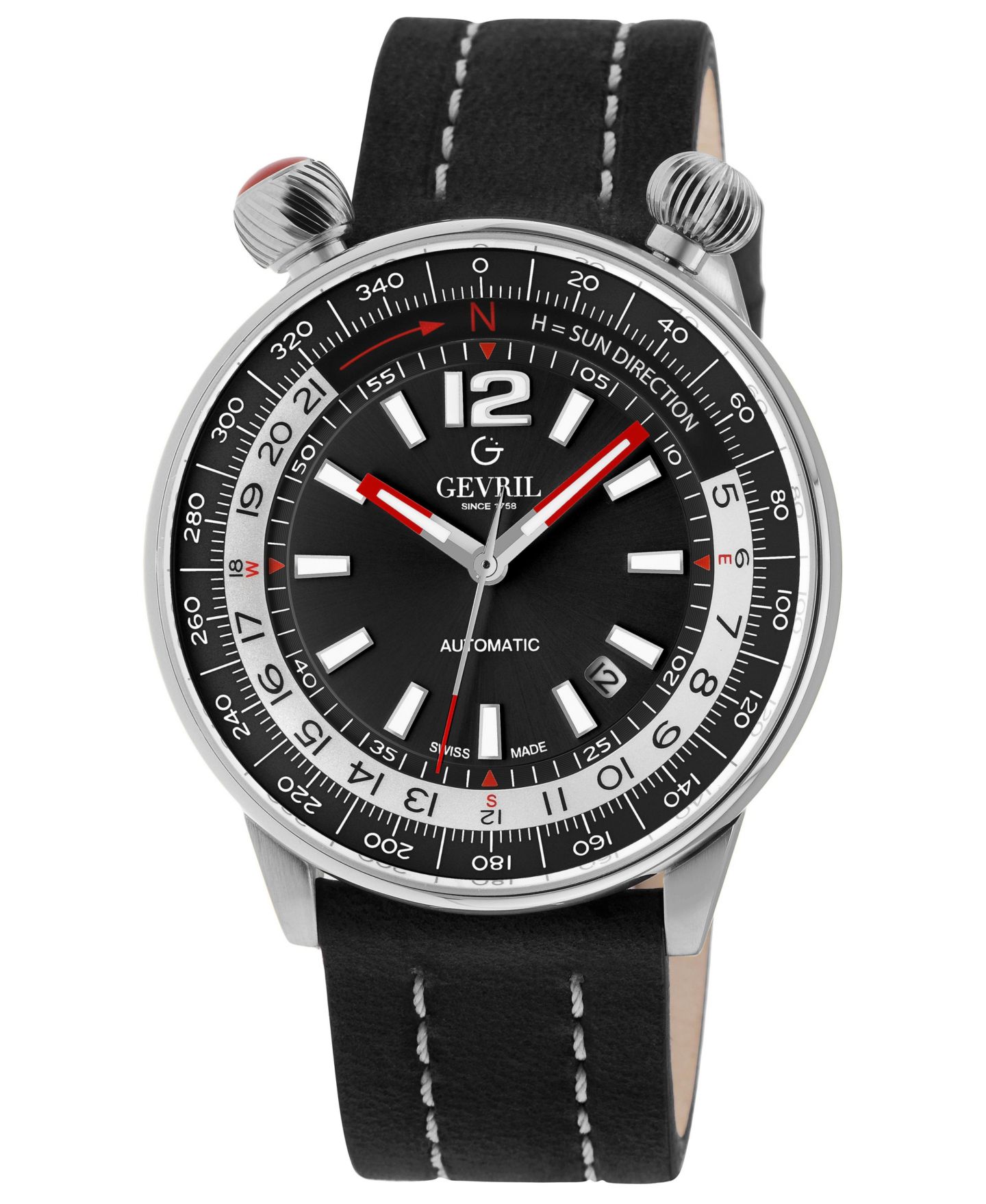 Мужские часы Gevril Swiss Automatic Wallabout Italian Leather Strap Watch, 44mm, цвет: Нержавеющая сталь — фото 1
