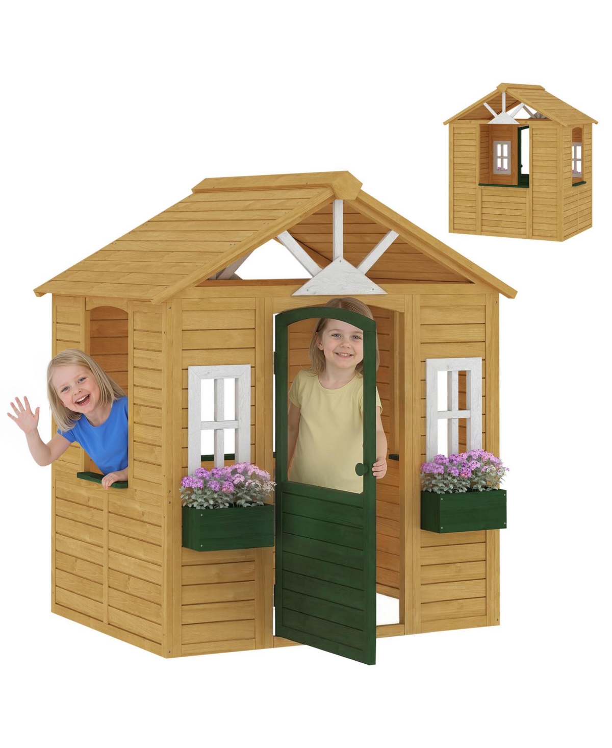 Glintex Kids Wooden Outdoor Playhouse with Half Door, 3 Windows and 2 Flower Boxes, Ages 3-8