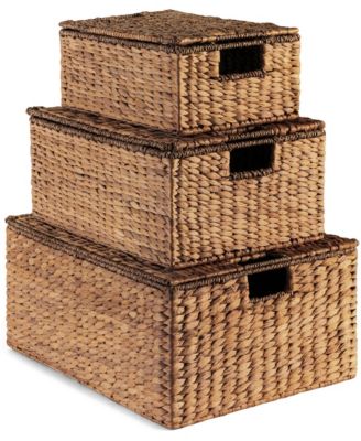 Set of 3 X-Large, Large, and Medium Woven Storage Baskets With Lids, Hyacinth Organizer Bins