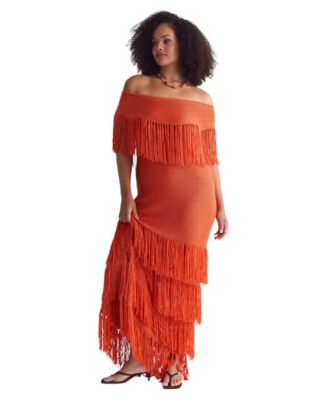Plus Size Off-Shoulder Tiered Fringe Textured-Knit Sweater Dress