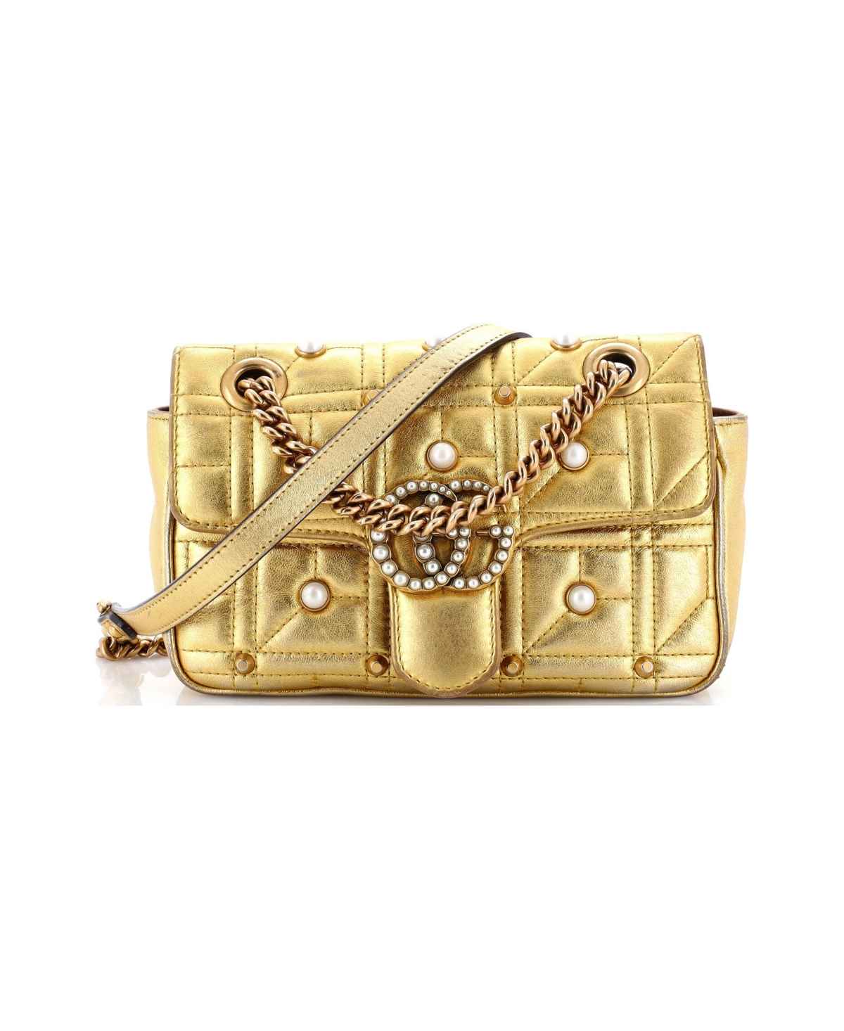 Pre-Owned Gucci Mini Pearly Gg Marmont Flap Bag Embellished Matelasse Leather - Gold