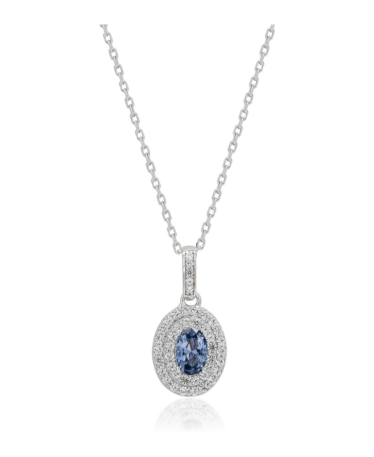 Suzy Levian Sterling Silver Sapphire and Created Sapphire Double Halo Pendant Necklace