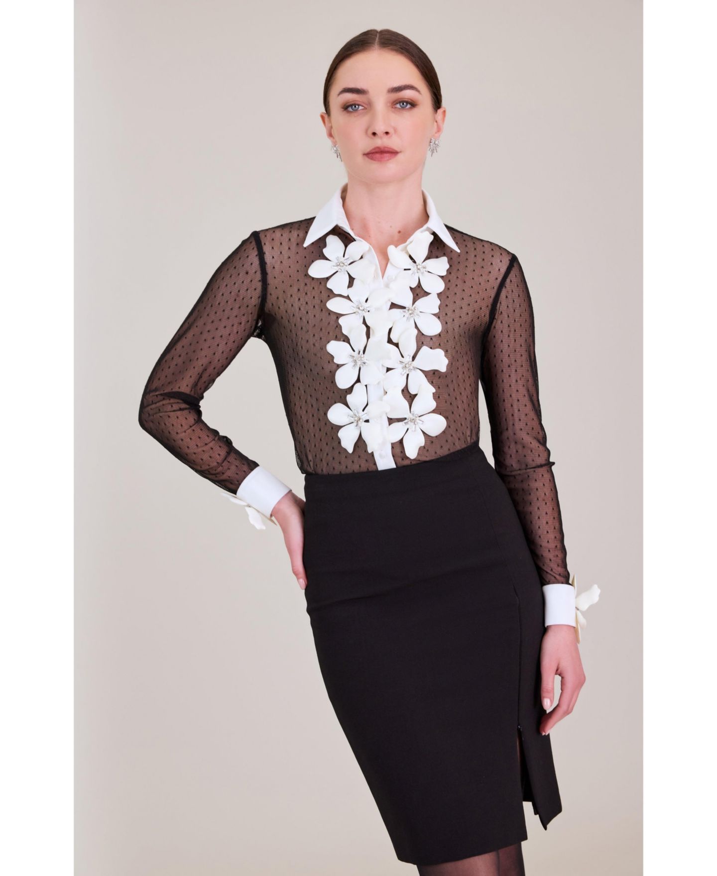 Женская блузка Anne Fontaine Terra Sheer Long-Sleeve Floral-Applique, цвет: Чёрный — фото 6
