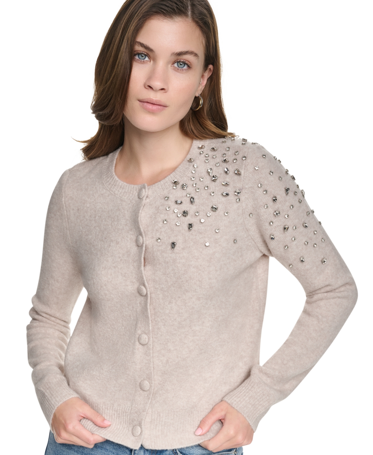 Dkny Jeans Women's Fitted Rhinestone Crewneck Cardigan