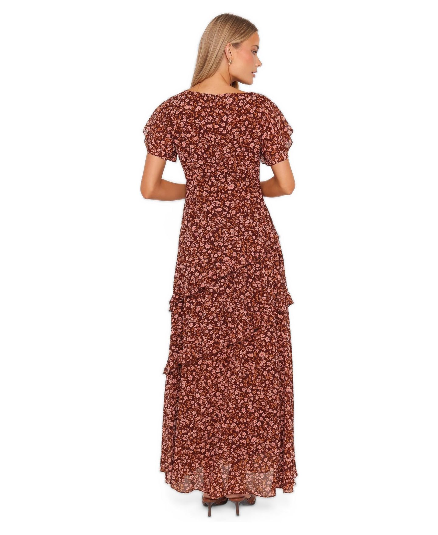 Женское платье Petal and Pup Lorrie Floral-Print Tiered Short-Sleeve Maxi, цвет: Коричневый с принтом — фото 3