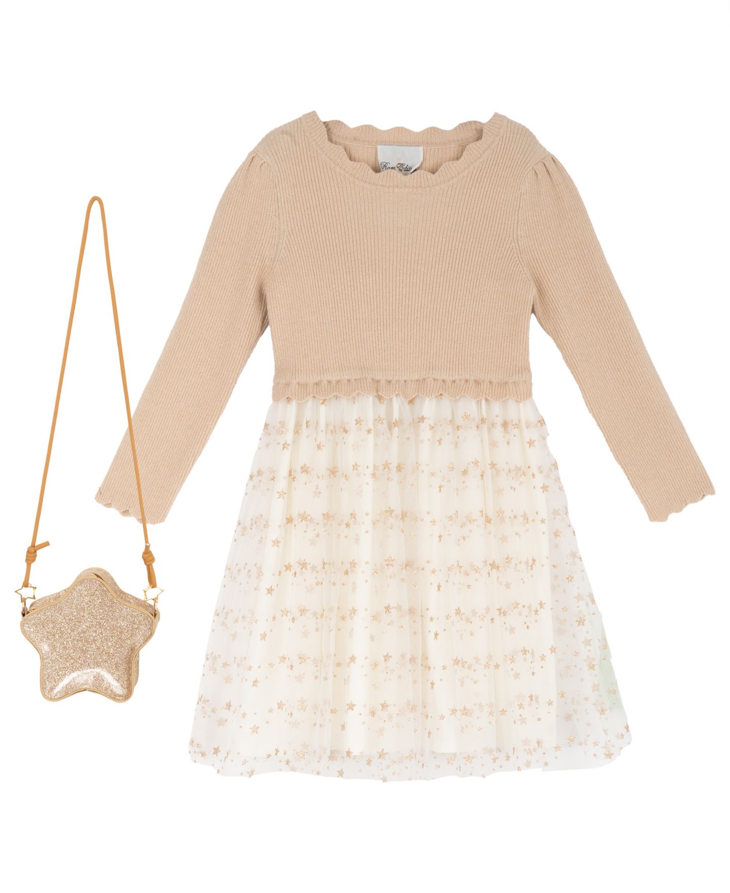Платья Rare Editions Glitter Star-Print Long-Sleeve Tutu Dress and Bag, 2-Piece Set для девочек, цвет: Золотой — фото 4