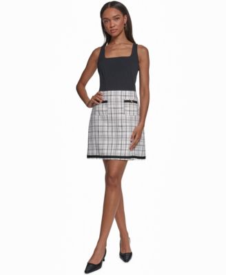 Women's Square Neck Plaid Tweed Sheath Dress