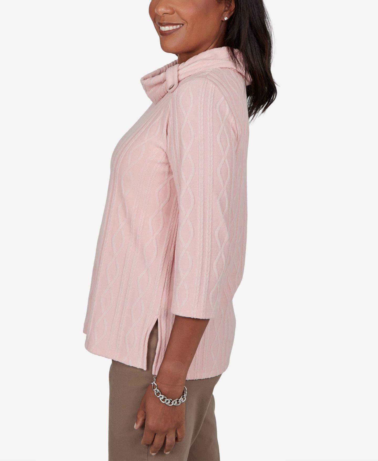 Женский свитер Alfred Dunner Petite Cable-Knit Cowl Neck 3/4-Sleeve Pullover Top, цвет: Абрикосовый — фото 3